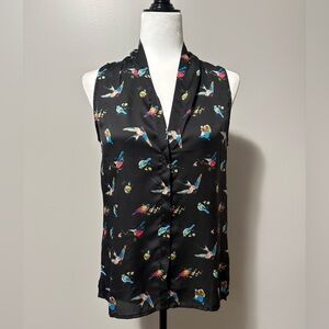 Monk & Lou Sleeveless Black Pullover Blouse Colourful Bird Pattern